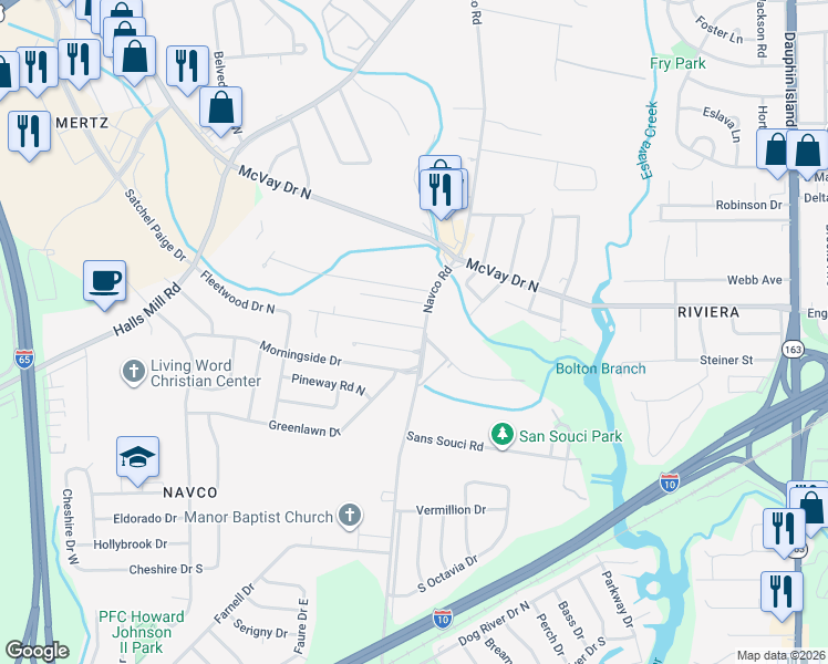 map of restaurants, bars, coffee shops, grocery stores, and more near 2457 Idonia Avenue in Mobile