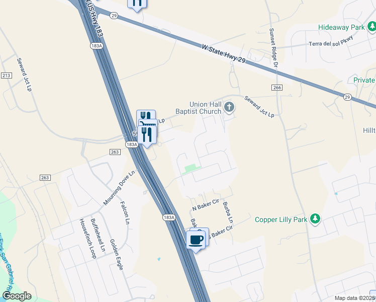 map of restaurants, bars, coffee shops, grocery stores, and more near 277 Deserti Road in Leander