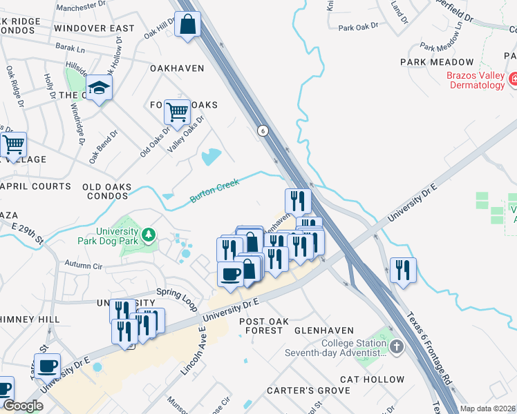 map of restaurants, bars, coffee shops, grocery stores, and more near 504 Earl Rudder Freeway in College Station