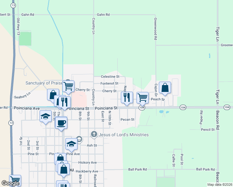 map of restaurants, bars, coffee shops, grocery stores, and more near 1301 Cherry Street in Mamou