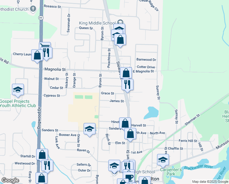 map of restaurants, bars, coffee shops, grocery stores, and more near 6648 Grace Street in Milton