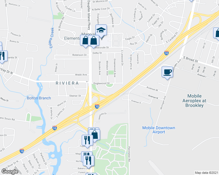 map of restaurants, bars, coffee shops, grocery stores, and more near 1499 Avon Circle in Mobile