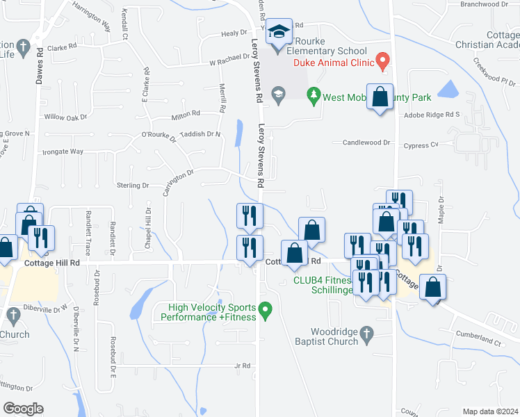 map of restaurants, bars, coffee shops, grocery stores, and more near 2317 Leroy Stevens Road in Mobile
