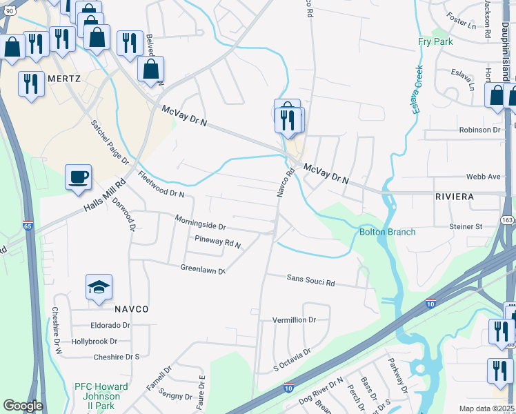map of restaurants, bars, coffee shops, grocery stores, and more near 2457 Idonia Avenue in Mobile