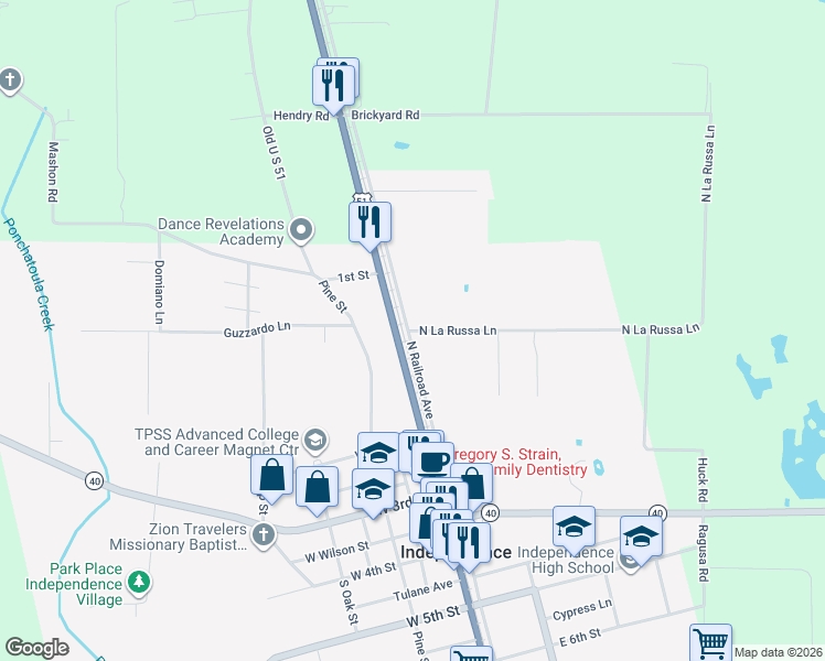 map of restaurants, bars, coffee shops, grocery stores, and more near 602 East Railroad Avenue in Independence