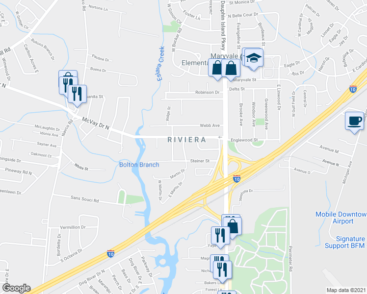 map of restaurants, bars, coffee shops, grocery stores, and more near 1461 Pitman Drive in Mobile