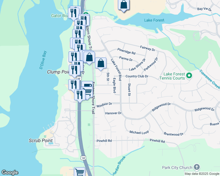 map of restaurants, bars, coffee shops, grocery stores, and more near 118 Eagle Drive in Daphne