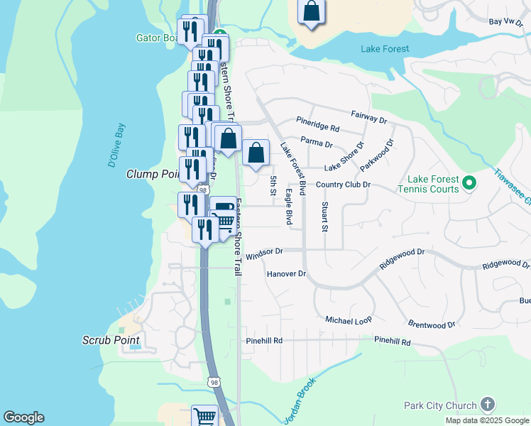 map of restaurants, bars, coffee shops, grocery stores, and more near 151 Van Buren Street in Daphne