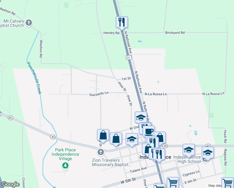 map of restaurants, bars, coffee shops, grocery stores, and more near 390 Guzzardo Lane in Independence