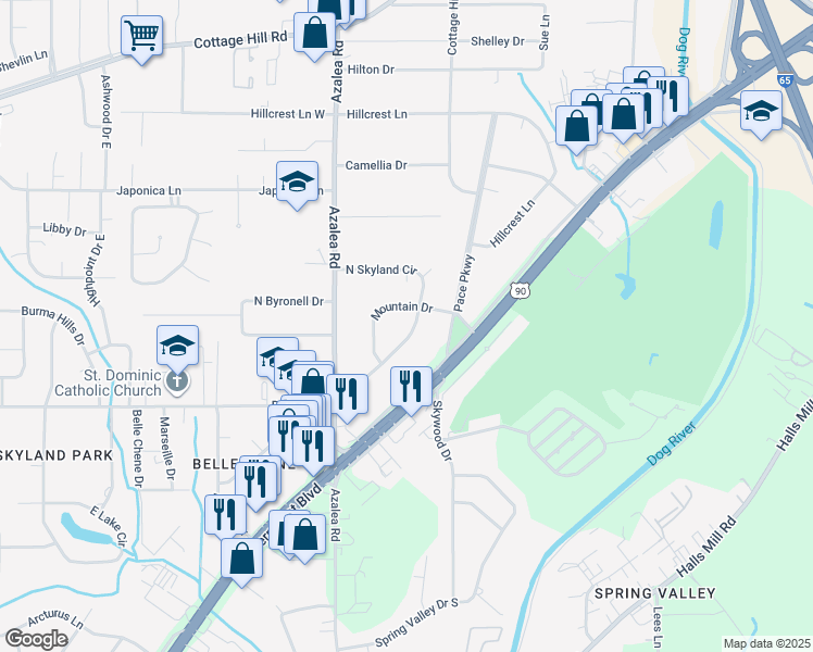 map of restaurants, bars, coffee shops, grocery stores, and more near 1154 East Skyland Circle in Mobile
