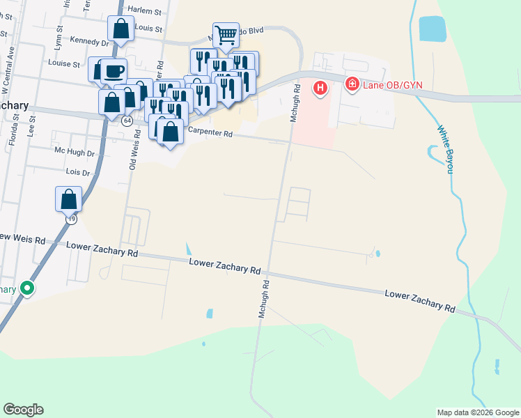 map of restaurants, bars, coffee shops, grocery stores, and more near 4160 Mchugh Road in Zachary