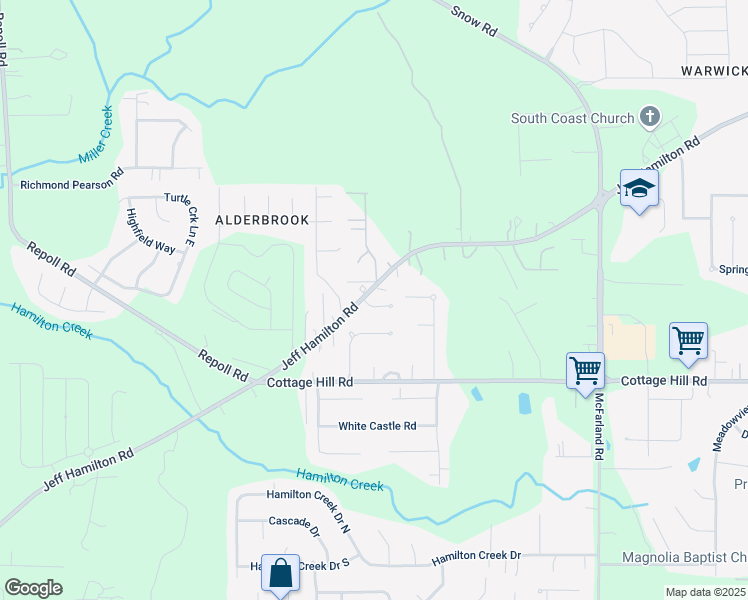 map of restaurants, bars, coffee shops, grocery stores, and more near 9630 Polo Place Court in Mobile