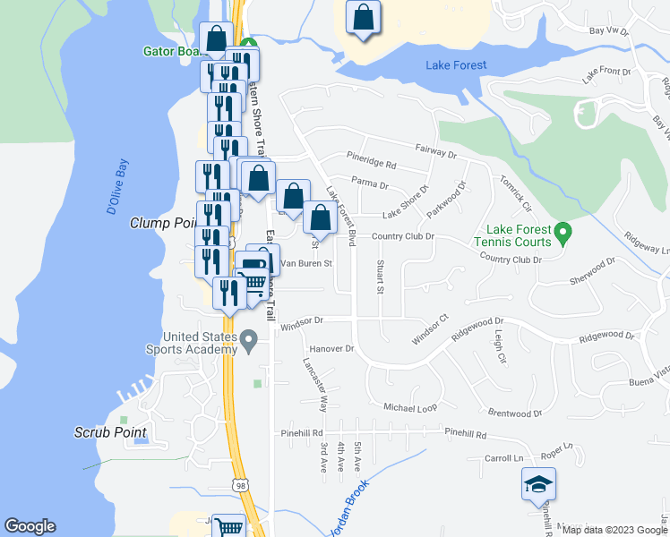 map of restaurants, bars, coffee shops, grocery stores, and more near 117 Eagle Boulevard in Daphne