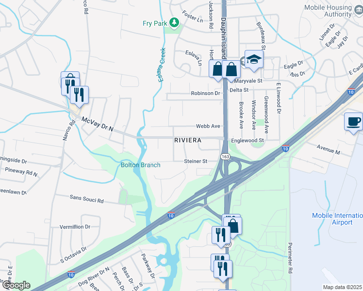 map of restaurants, bars, coffee shops, grocery stores, and more near 1456 Pitman Drive in Mobile