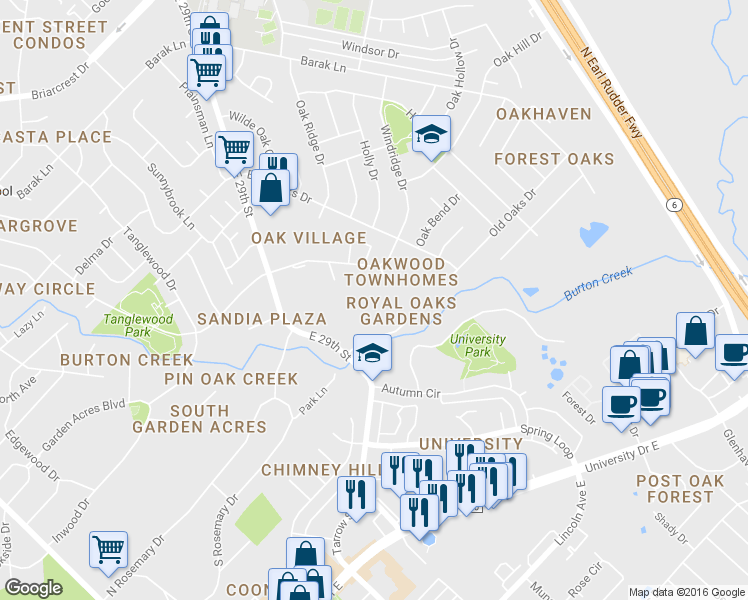 map of restaurants, bars, coffee shops, grocery stores, and more near 4455 Carter Creek Parkway in Bryan