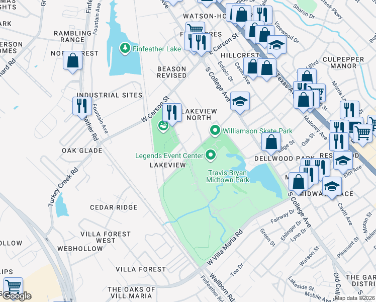 map of restaurants, bars, coffee shops, grocery stores, and more near 2303 Bomber Drive in Bryan