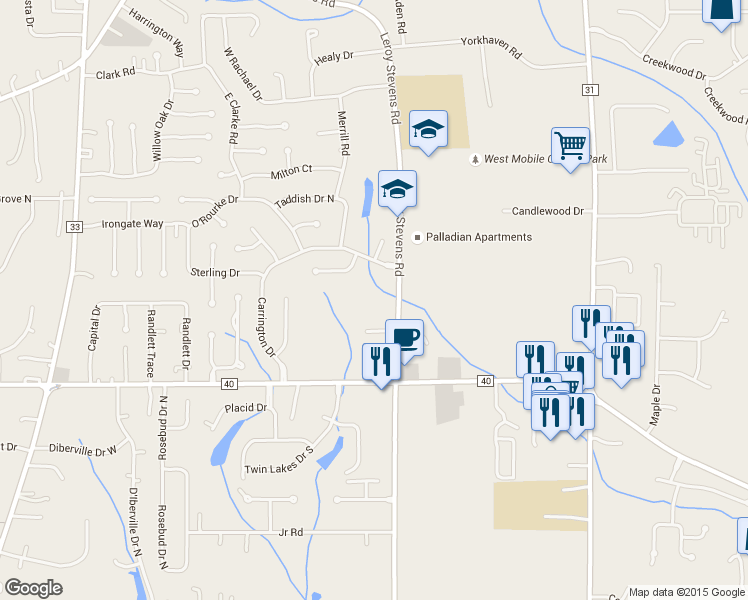 map of restaurants, bars, coffee shops, grocery stores, and more near 2316 Leroy Stevens Road in Mobile