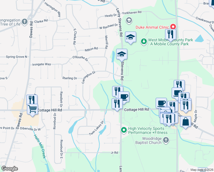 map of restaurants, bars, coffee shops, grocery stores, and more near 2316 Leroy Stevens Rd in Mobile