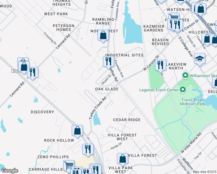 map of restaurants, bars, coffee shops, grocery stores, and more near 2305 Cindy Lane in Bryan