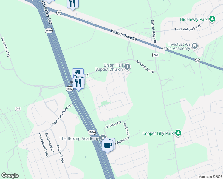 map of restaurants, bars, coffee shops, grocery stores, and more near 105 Parryi Cove in Leander