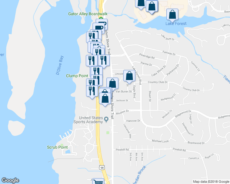 map of restaurants, bars, coffee shops, grocery stores, and more near 28698 Eastern Shore Trail in Daphne