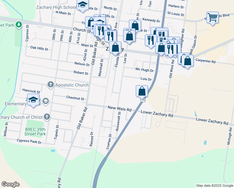 map of restaurants, bars, coffee shops, grocery stores, and more near 4621 Lane Avenue in Zachary