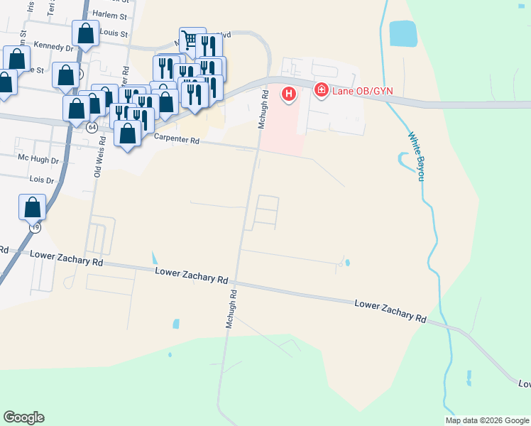map of restaurants, bars, coffee shops, grocery stores, and more near 4000 Mchugh Road in Zachary