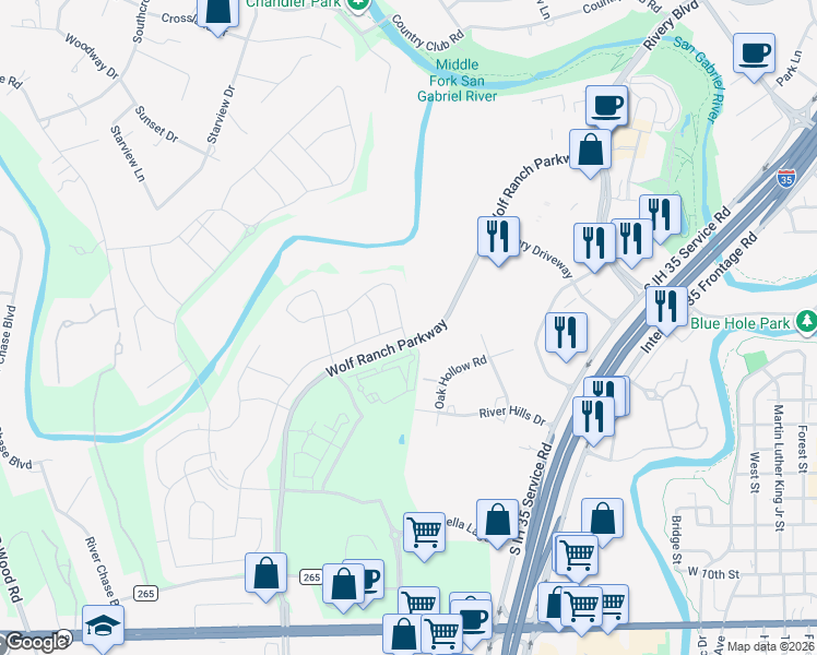 map of restaurants, bars, coffee shops, grocery stores, and more near 1008 River Vista Road in Georgetown