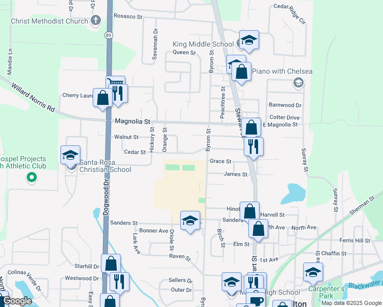 map of restaurants, bars, coffee shops, grocery stores, and more near 6563 Cedar Street in Milton