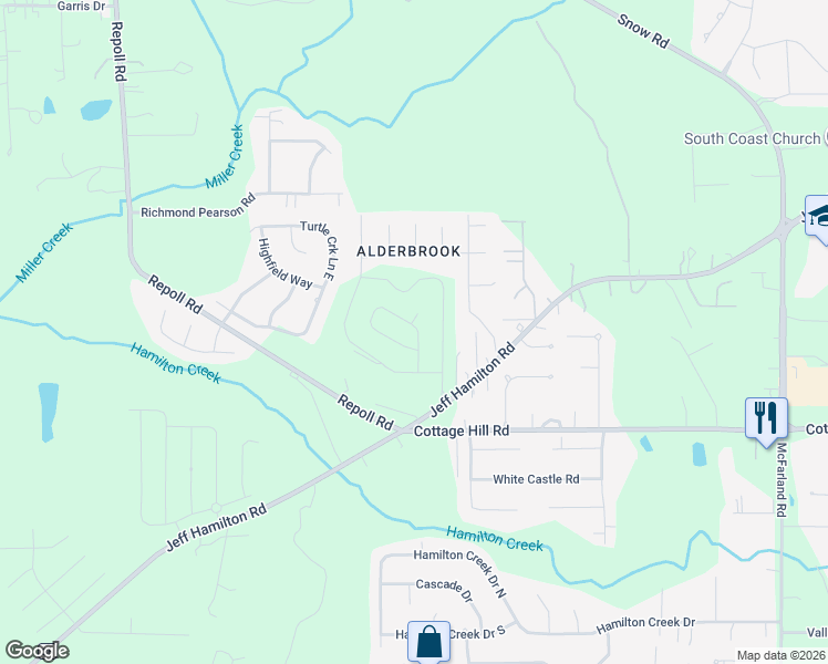 map of restaurants, bars, coffee shops, grocery stores, and more near 9690 Jeff Hamilton Road in Mobile