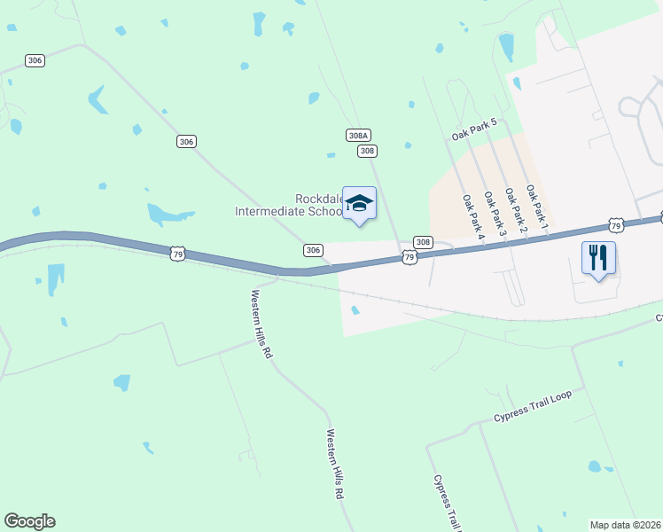 map of restaurants, bars, coffee shops, grocery stores, and more near County Road 306 in Rockdale