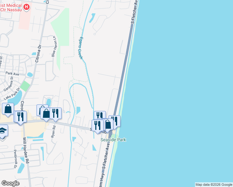 map of restaurants, bars, coffee shops, grocery stores, and more near 1676 1st Avenue in Fernandina Beach