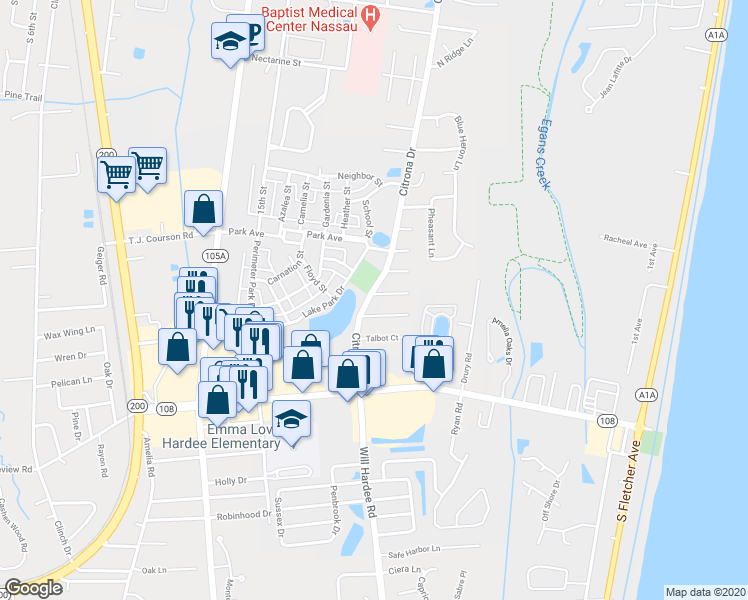 map of restaurants, bars, coffee shops, grocery stores, and more near 2106 Jekyll Court in Fernandina Beach