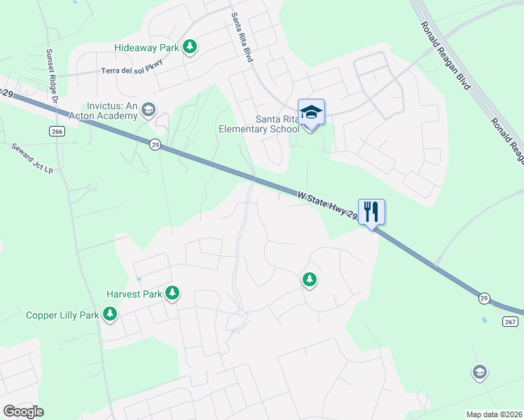 map of restaurants, bars, coffee shops, grocery stores, and more near 9501 Texas 29 in Georgetown