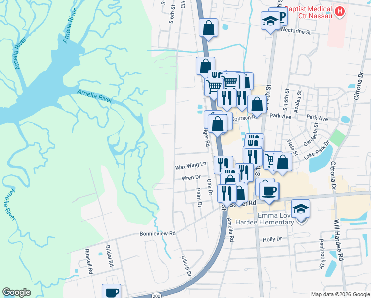 map of restaurants, bars, coffee shops, grocery stores, and more near 713 Geiger Road in Fernandina Beach