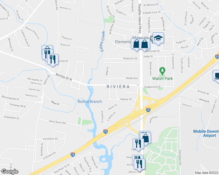 map of restaurants, bars, coffee shops, grocery stores, and more near 1458 Boudousquie Street in Mobile