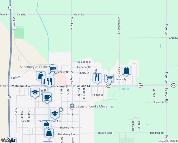 map of restaurants, bars, coffee shops, grocery stores, and more near 1301 Cherry Street in Mamou