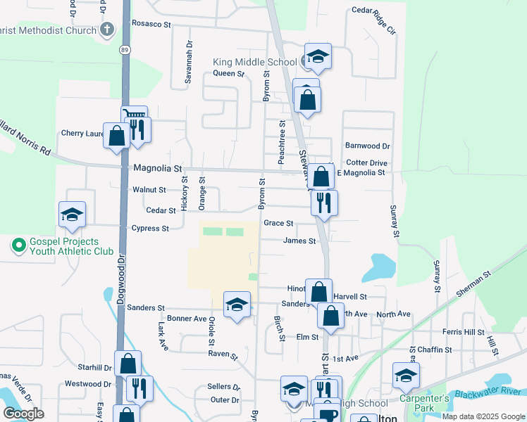 map of restaurants, bars, coffee shops, grocery stores, and more near 6605 Cedar Street in Milton