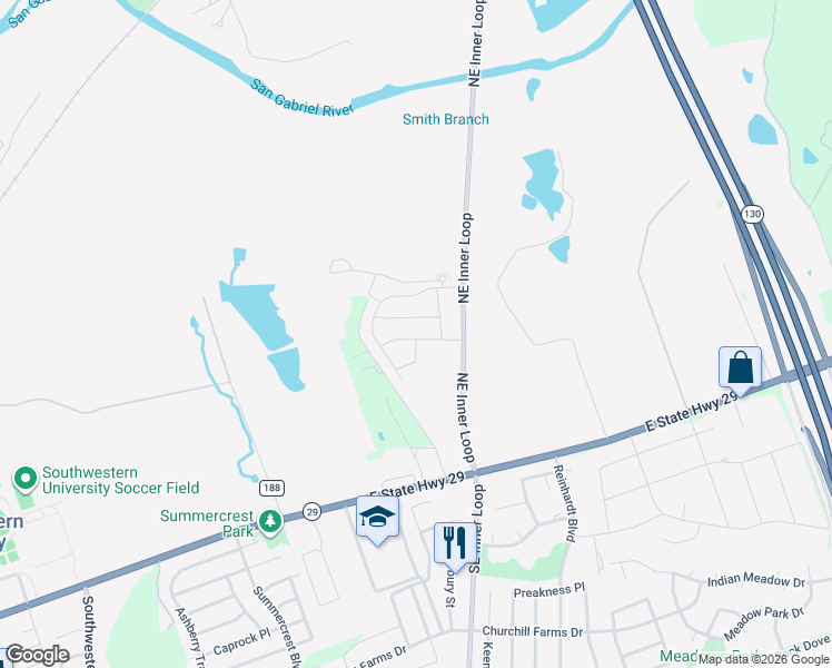 map of restaurants, bars, coffee shops, grocery stores, and more near 117 Akela Way in Georgetown