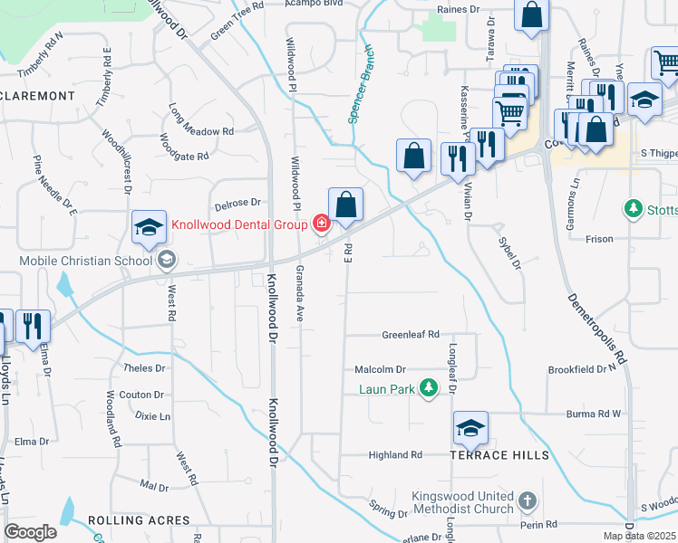 map of restaurants, bars, coffee shops, grocery stores, and more near 2258 East Road in Mobile
