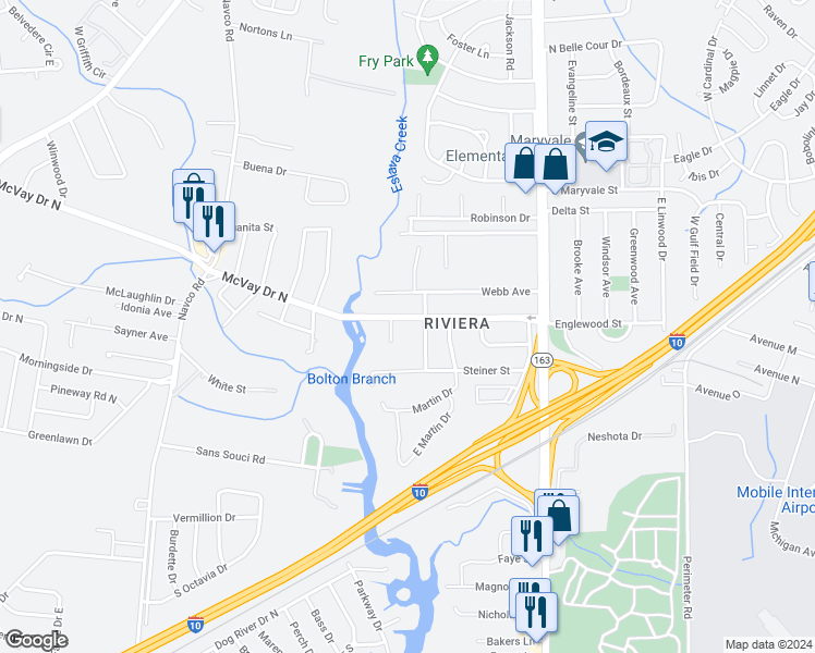 map of restaurants, bars, coffee shops, grocery stores, and more near 2205 McVay Drive North in Mobile