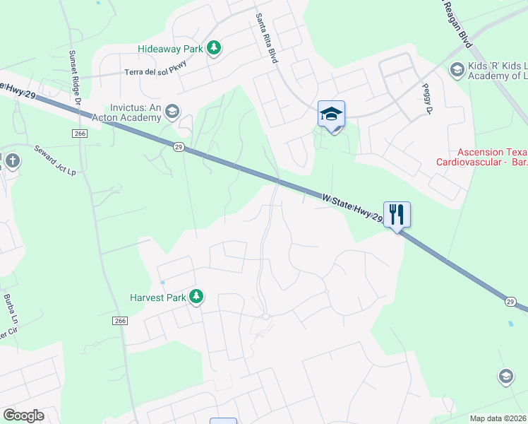 map of restaurants, bars, coffee shops, grocery stores, and more near 9651 Texas 29 in Georgetown