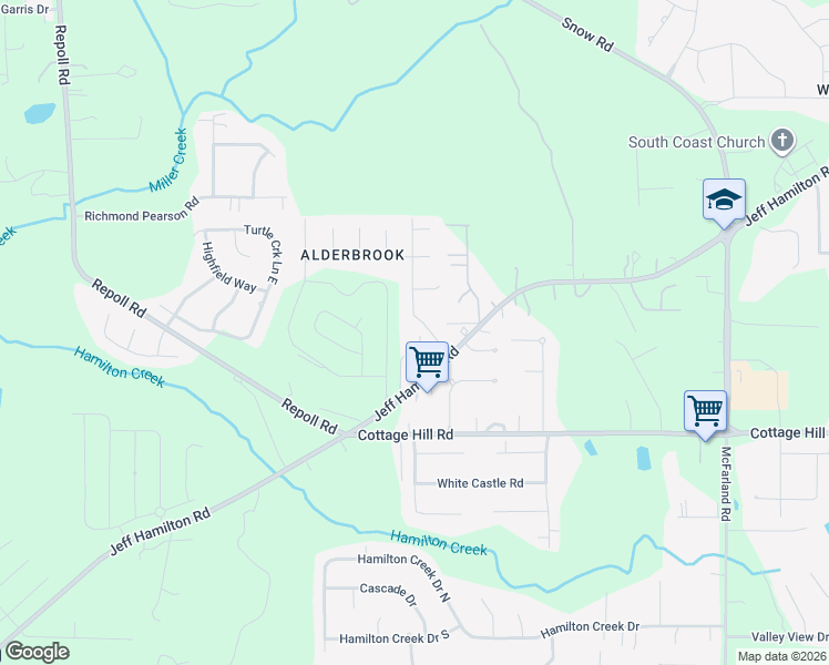 map of restaurants, bars, coffee shops, grocery stores, and more near 9690 Jeff Hamilton Road in Mobile