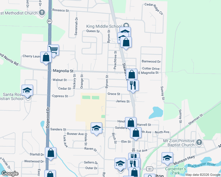 map of restaurants, bars, coffee shops, grocery stores, and more near 6613 Cedar Street in Milton
