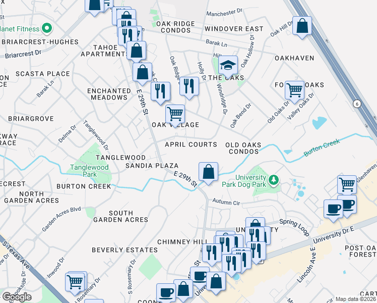 map of restaurants, bars, coffee shops, grocery stores, and more near 4405 Carter Creek Parkway in Bryan