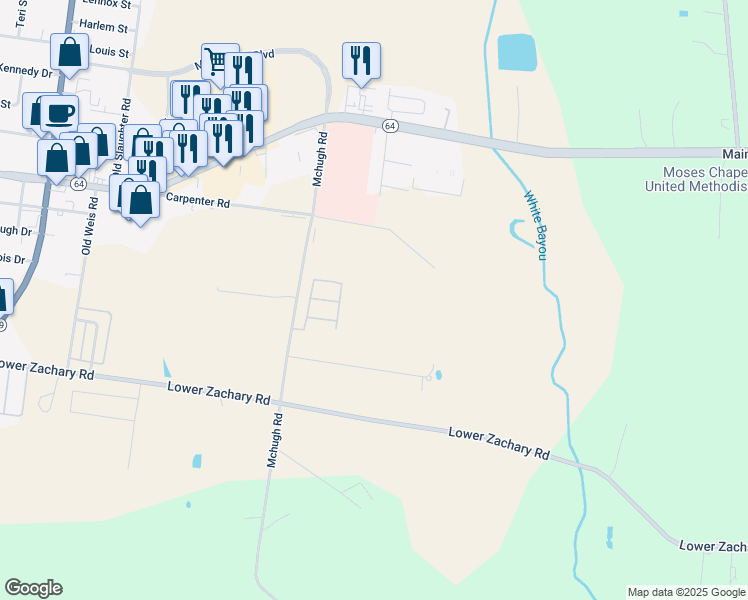 map of restaurants, bars, coffee shops, grocery stores, and more near 4150 Mchugh Road in Zachary