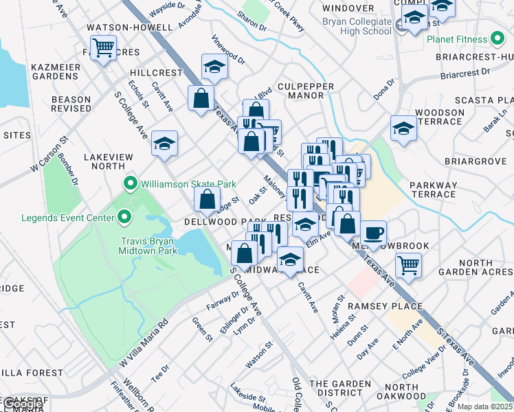 map of restaurants, bars, coffee shops, grocery stores, and more near 403 Oak Street in Bryan