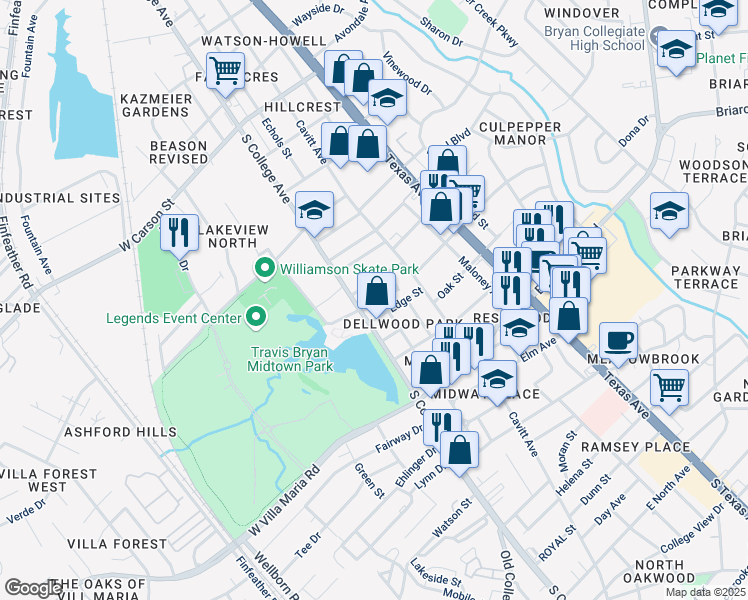 map of restaurants, bars, coffee shops, grocery stores, and more near 2706 Cliff St in Bryan