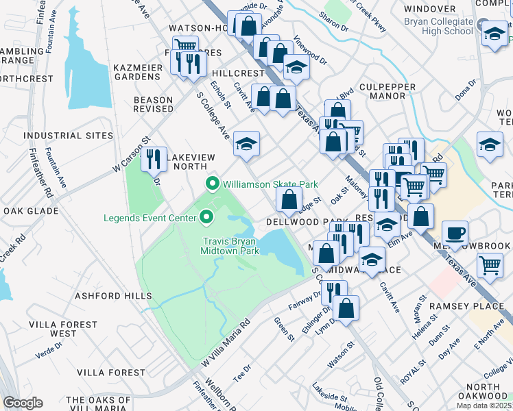 map of restaurants, bars, coffee shops, grocery stores, and more near 2612 S College Ave in Bryan