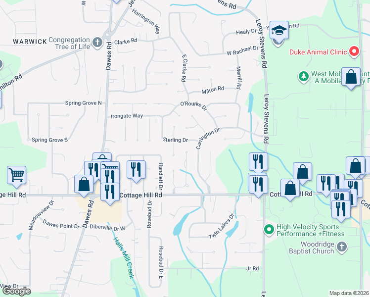 map of restaurants, bars, coffee shops, grocery stores, and more near 2276 Chapel Hill Drive in Mobile